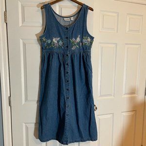 Denim jumper with bird embroidery.  Size L.  By National Wildlife Federation.